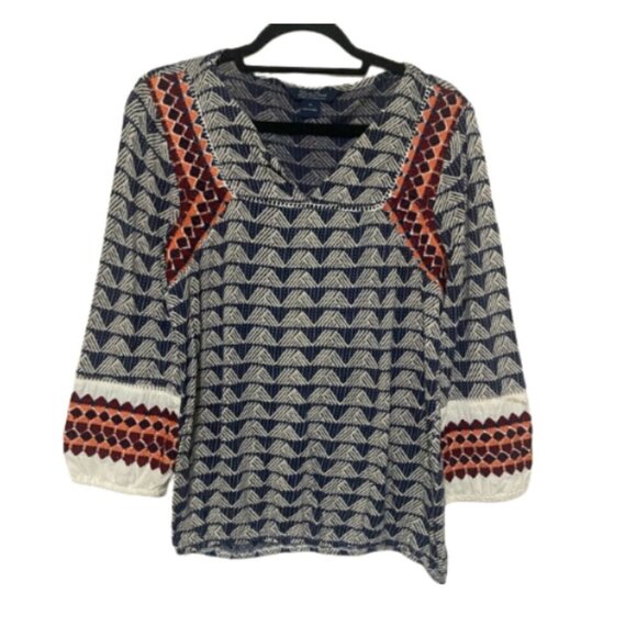 Lucky Brand GUC mixed media mixed print embroidered boho peasant top size M - Picture 1 of 7